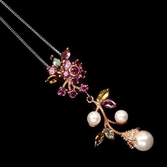 Artist created, stamped 925 Jewelry - Deluxe Genuine Tourmaline Ruby Pearl Necklace